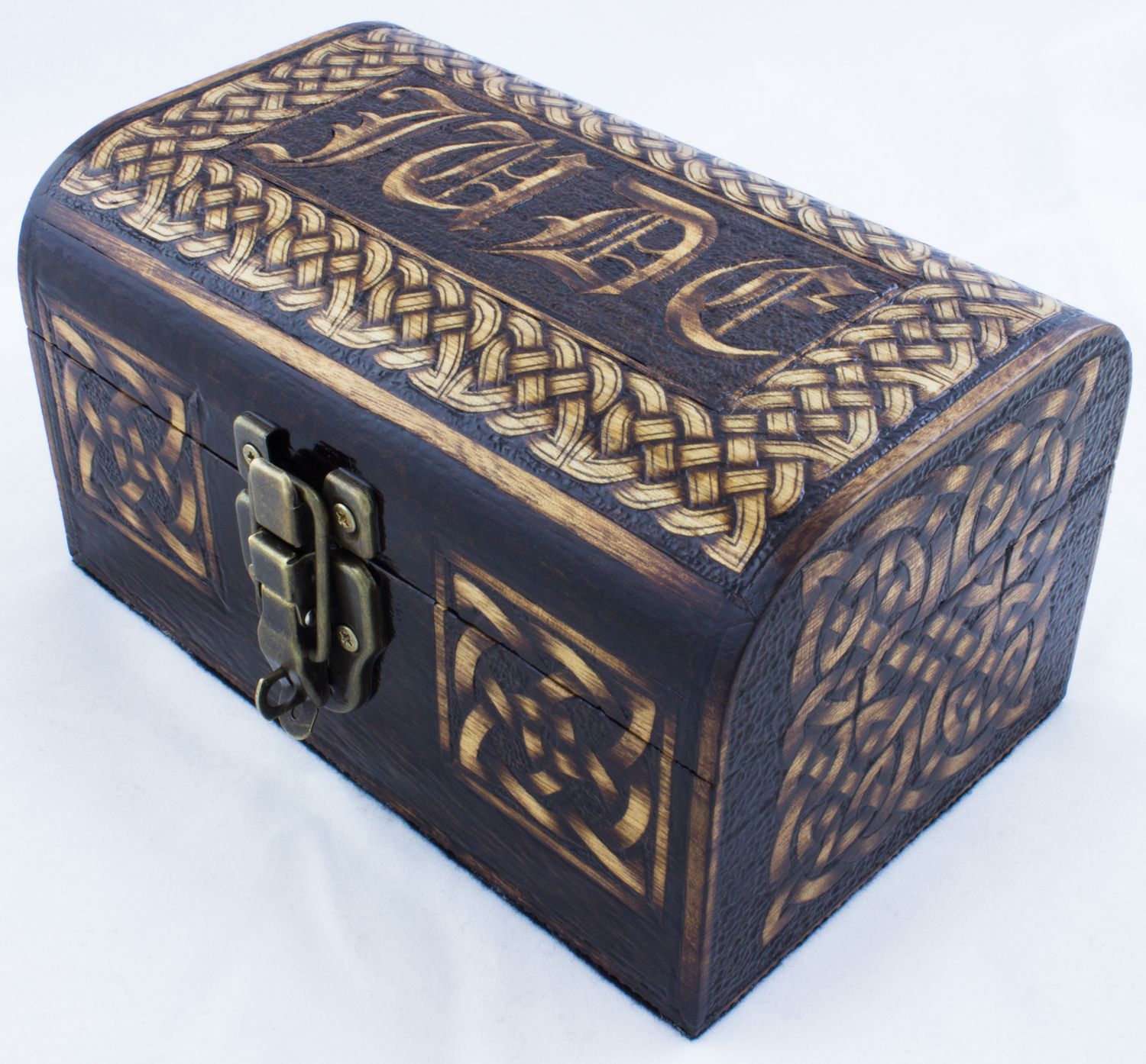 Domed wooden box covered in hand-burned Celtic knotwork with the name Jude on the lid