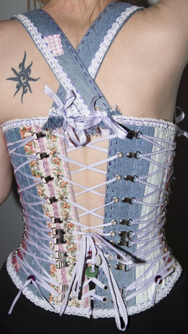 Back lacing of a patchwork floral handmade corset